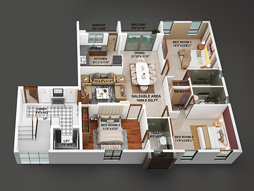 3 bhk flats in perungudi Floor Plan
